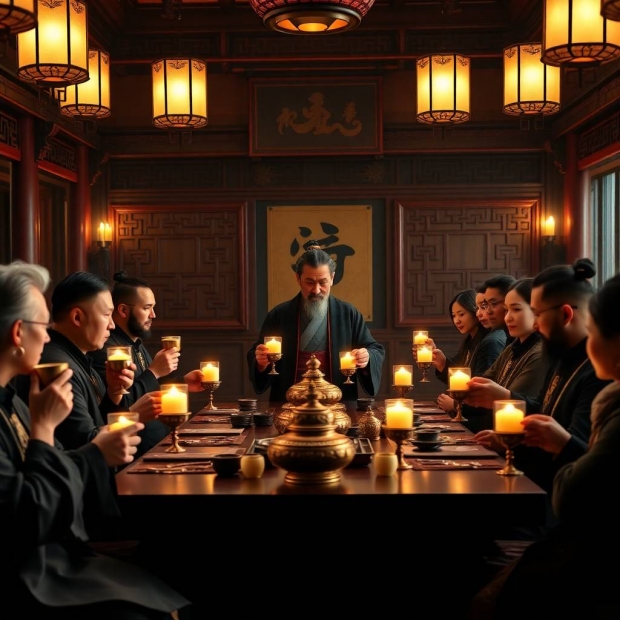 A majestic ancient Chinese banquet hall, a dignified host entertaining guests. Ten guests drink from