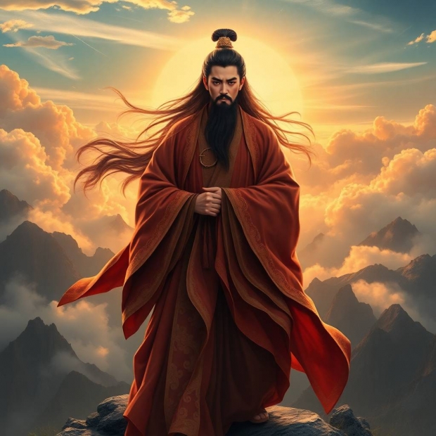 Cinematic Chinese Xuanhuan style, a noble ancient Chinese gentleman on a mountain peak at sunrise, g