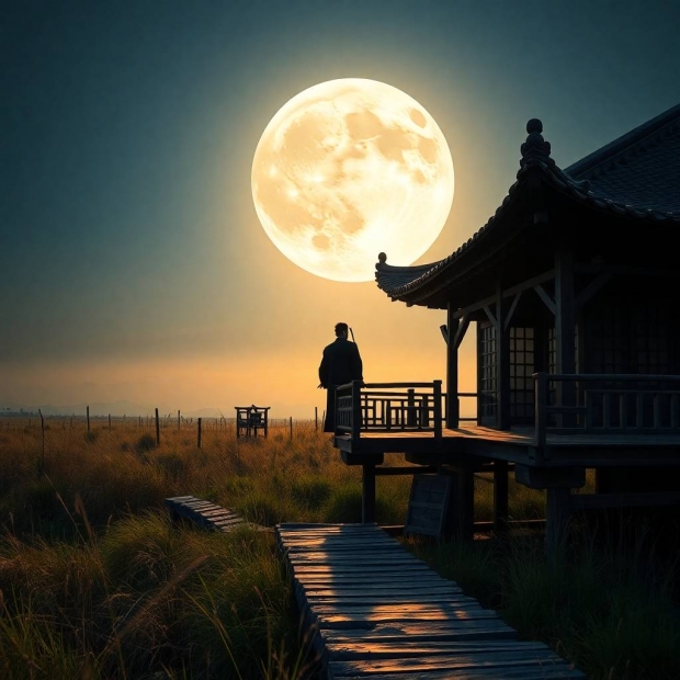 Long exposure time photography, silhouette of a lone scholar on an ancient Chinese wooden balcony, w