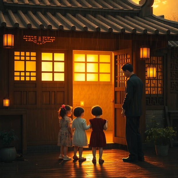 A traditional Chinese wooden house bathed in warm golden hour light and a warm golden glow. Three ch