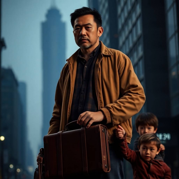 Dramatic cinematic style with contrasting chiaroscuro lighting showing a handsome 40-year-old man fr