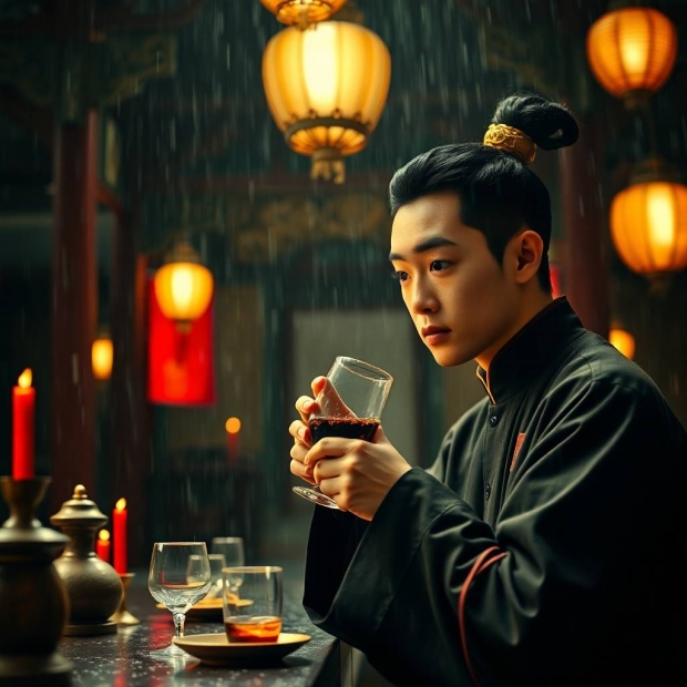 Cinematic shot, intense jet black blurred bokeh effect, handsome young Chinese scholar drinking wine