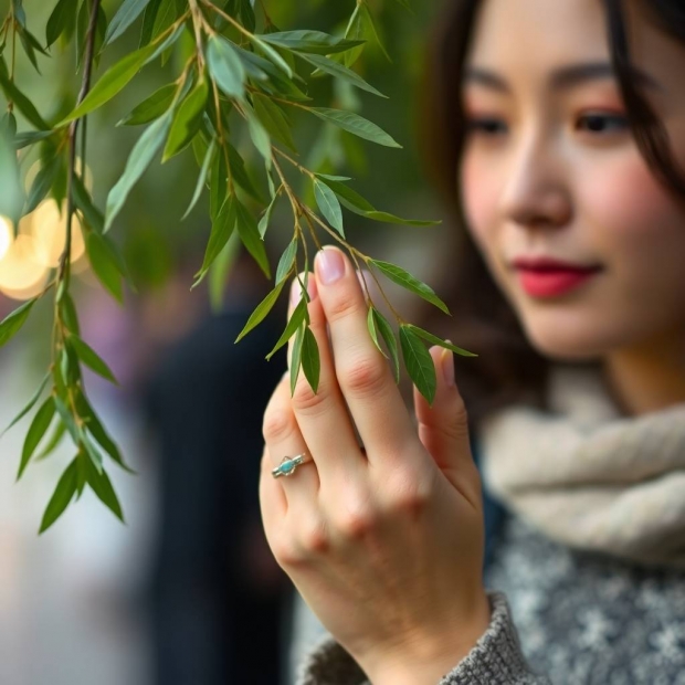 Candid street photography, a close-up of a beautiful woman_s jade hands gently reaching for a willow