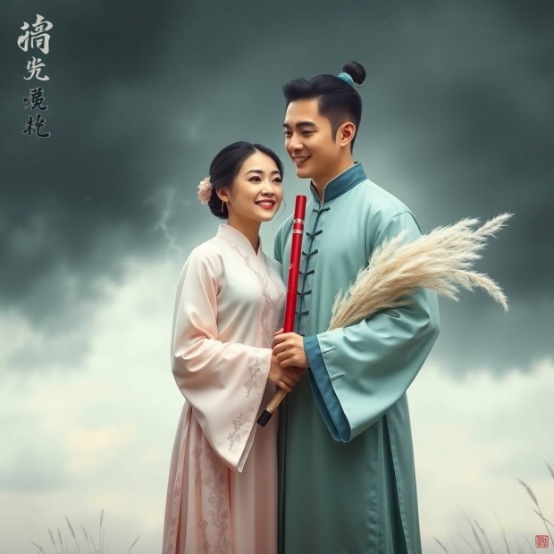Intense dramatic weather, soft pastel colors, a happy young Tang Dynasty couple standing together, t
