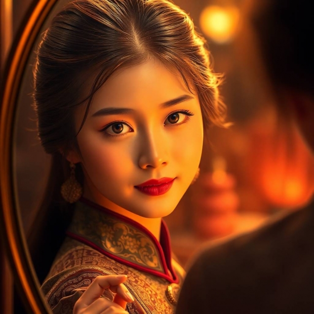 Warm golden glow, volumetric lighting, a Tang Dynasty young woman gazes into a mirror, her eyes spar