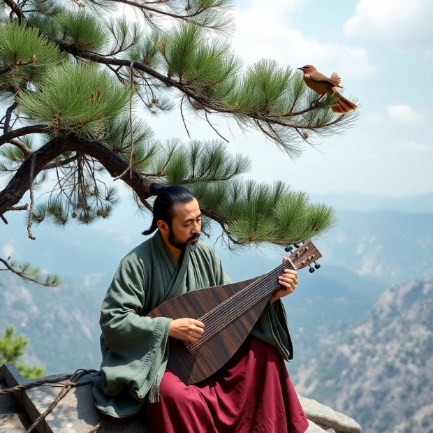 Architectural color photograph, wide angle, showing a 35-year-old Tang Dynasty man playing the zithe