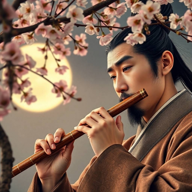 Extreme macro close-up of a Tang Dynasty man playing a flute under a plum blossom tree in moonlight,