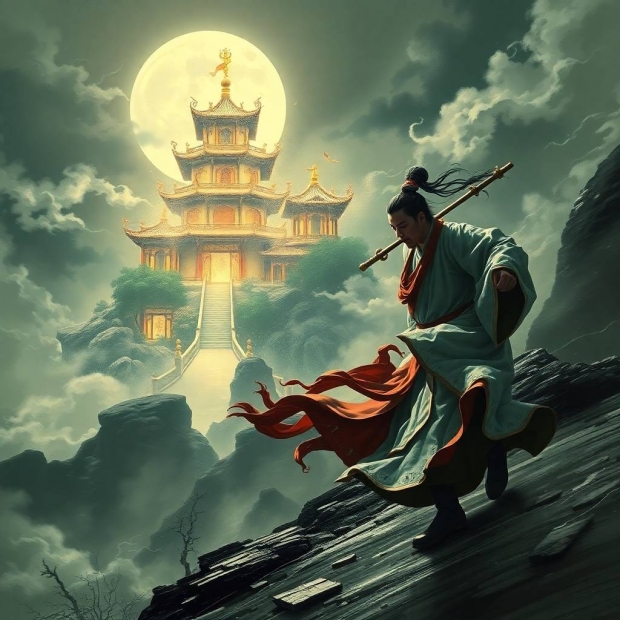 dynamic in motion, contrasting chiaroscuro lighting, a 35-year-old Tang Dynasty poet climbing a moun