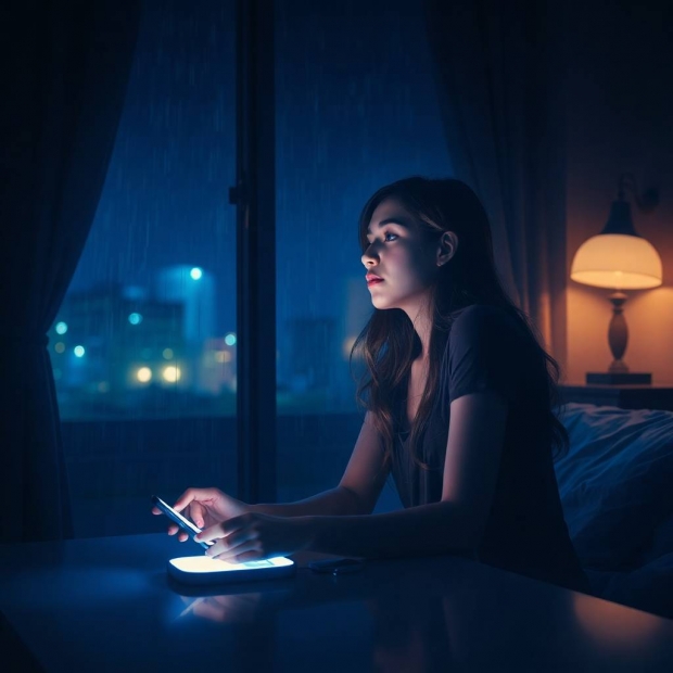 A young woman sits alone in a dimly lit room at midnight, watching the rain outside with a melanchol