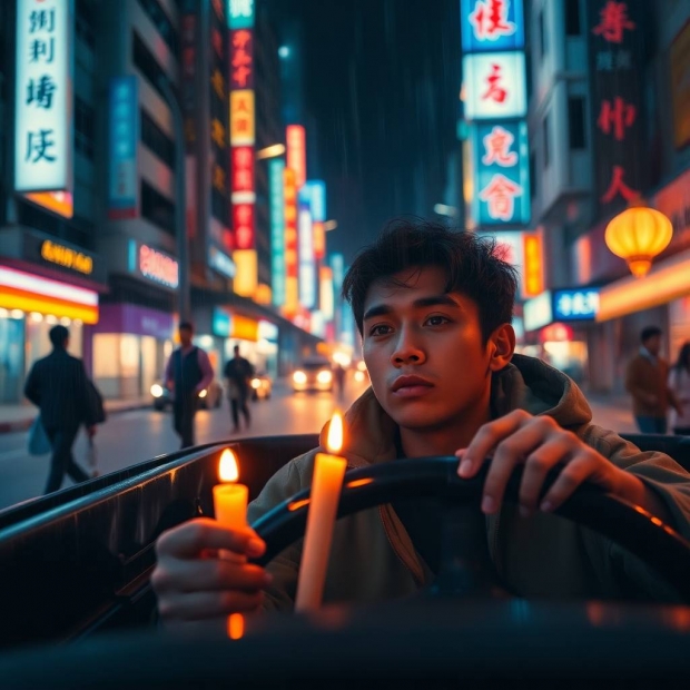 Warm candle lights, electric vivid colors, flickering flames, warm glow, a weary but determined youn