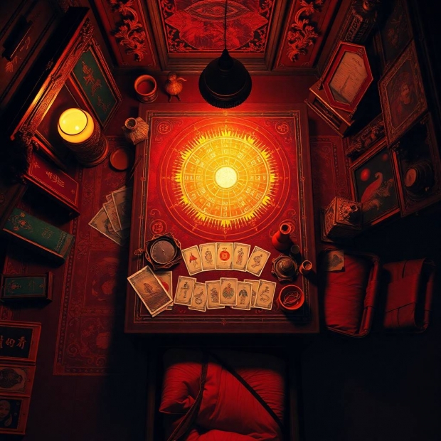Surreal infrared tones, overhead bird_s-eye view oil painting of an ancient mysterious room, tarot c