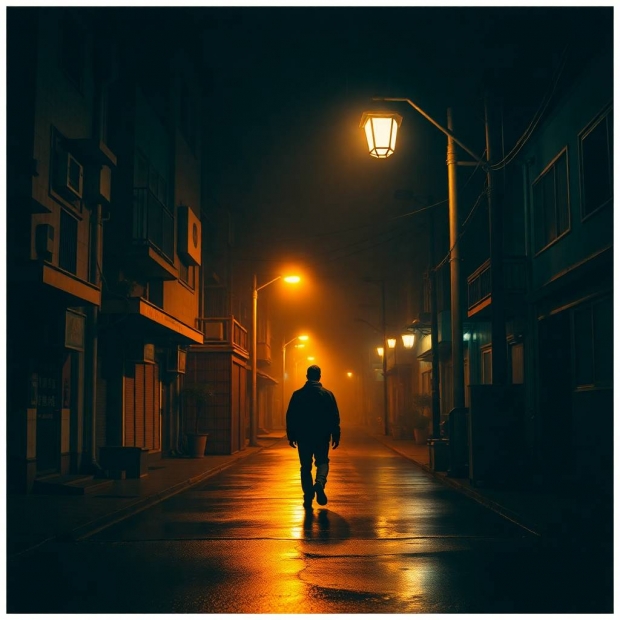 Warm candle light and soft dreamy atmosphere showing a man in a jacket walking alone under a streetl
