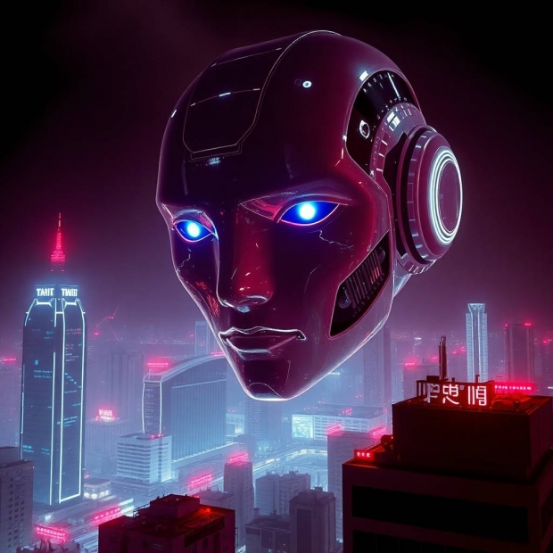 Surreal infrared tones, strong hard light, a colossal semi-transparent AI robot face hovers in the T