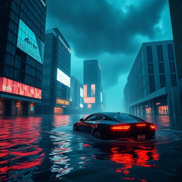 A dramatic cinematic video, 5 seconds long, showcasing a flooded modern city tech district under hea