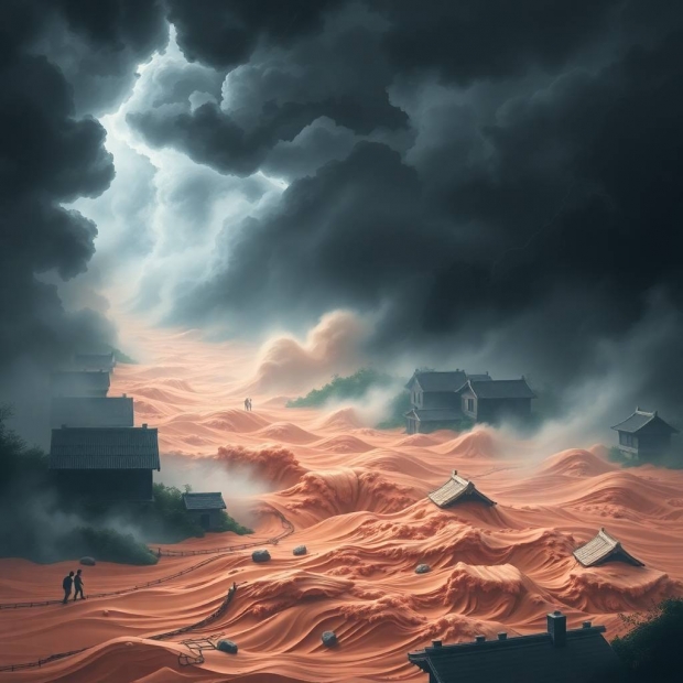 Intense dramatic lighting, logo inspired. A fierce storm causes the Zhuoshui River to flood, with ro