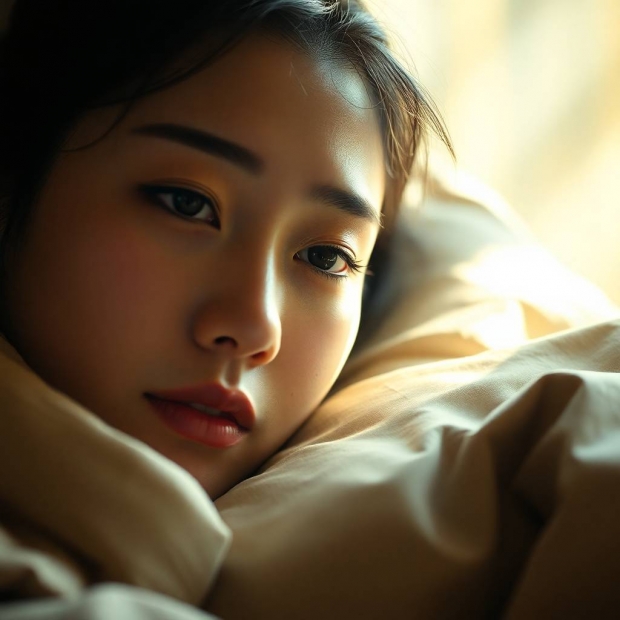Volumetric lighting in natural earth tones of a Tang Dynasty beauty waking from a nap, her eyes hazy