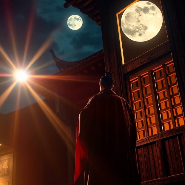 A 40-year-old Tang Dynasty man, standing alone by the window of an ancient wooden building, gazes at