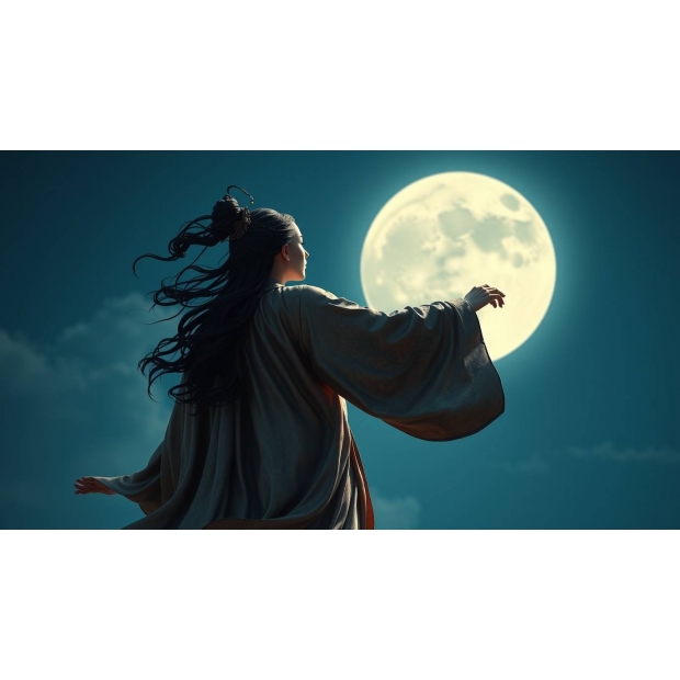 The soul of a young Tang Dynasty female Taoist priestess ascends towards a vast, silver-white moon i
