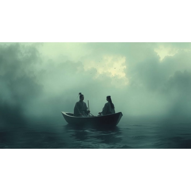 Intense dramatic weather, soft dreamy atmosphere, two 4rertghTang Dynasty poets drift slowly in a sm
