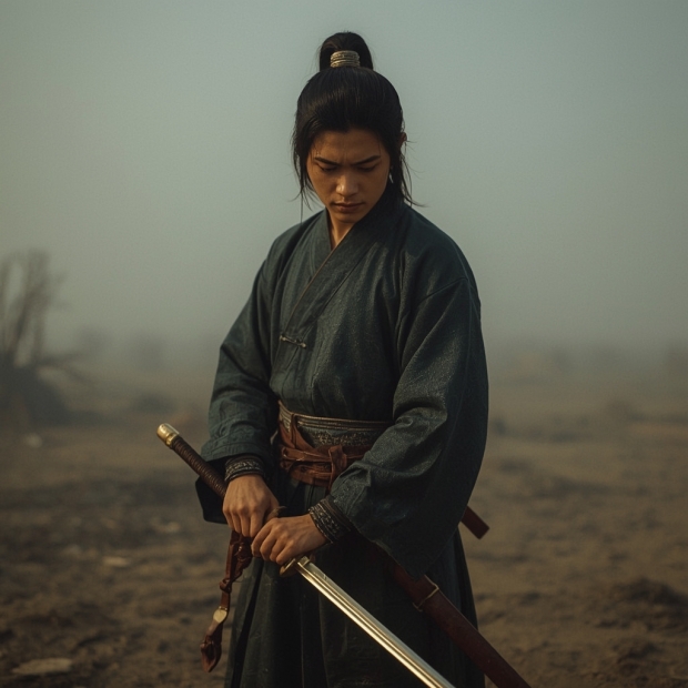 Lucid_Realism_A_young_Asian_warrior_stands_alone_in_a_desolate_1.jpg