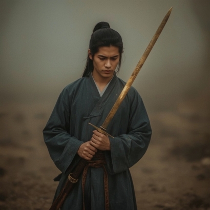 Lucid_Realism_A_young_Asian_warrior_stands_alone_in_a_desolate_0.jpg