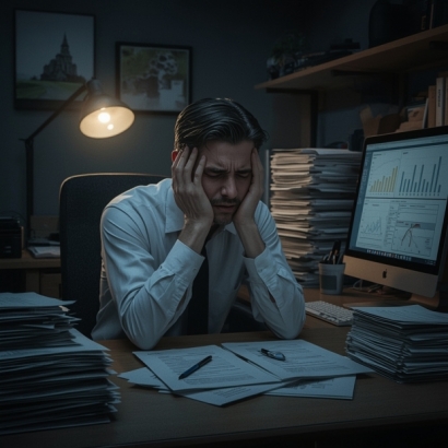 Lucid_Realism_A_frustrated_businessman_sits_at_his_desk_holdin_1.jpg