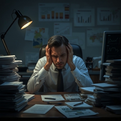 Lucid_Realism_A_frustrated_businessman_sits_at_his_desk_holdin_0.jpg