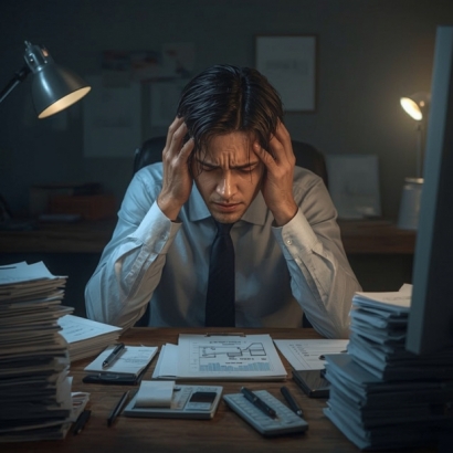 Lucid_Realism_A_frustrated_businessman_sits_at_his_desk_holdin_3.jpg