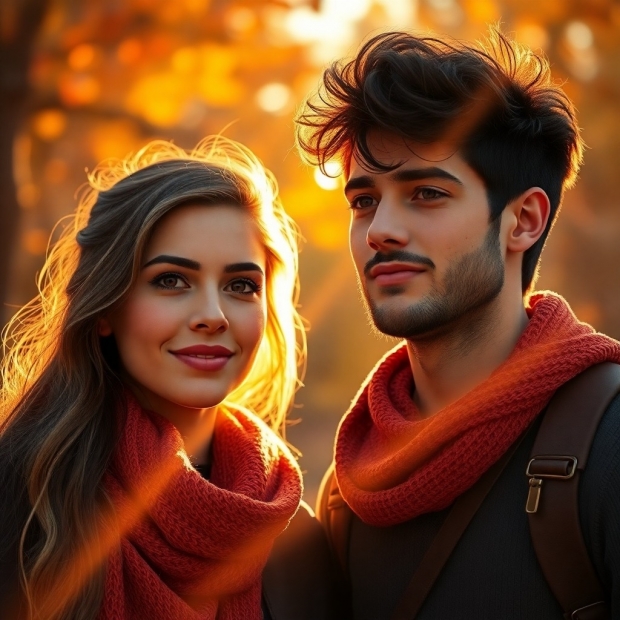 Bright lens flare, warm autumn colors, young man and woman, both brave and capable, 32K resolution, 