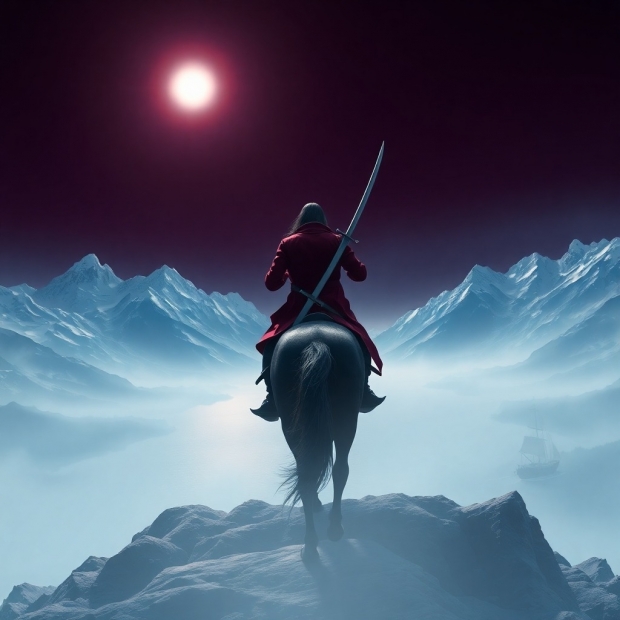 A 3D rendering, sophisticated and elegant, in rich burgundy and deep blue, depicting a person on hor