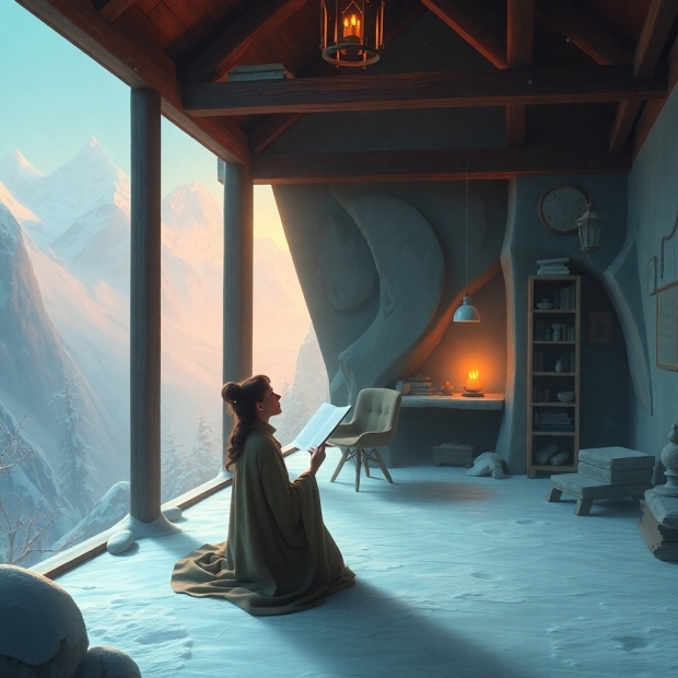 A 3D digital painting with an ethereal spiritual vibe, showcasing a poet reciting poetry in a snowy,