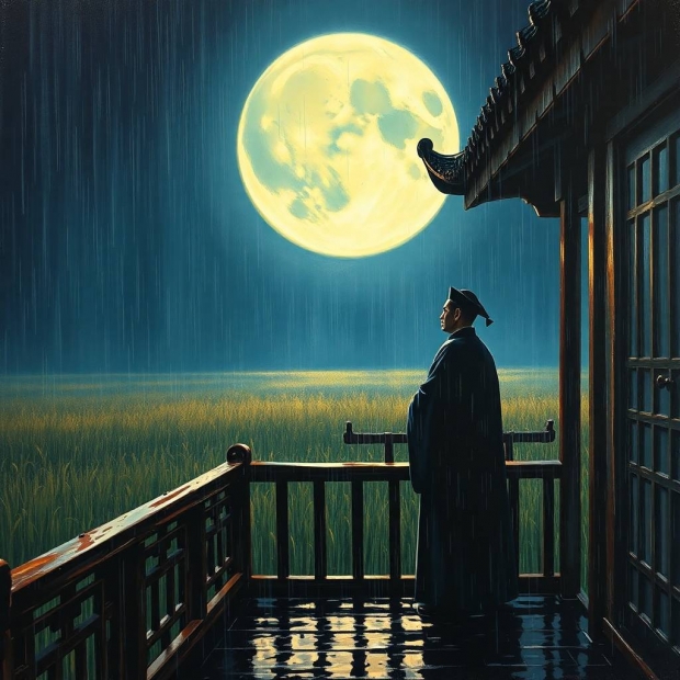 Bold acrylic painting, wet rainy scene, silhouette of a lonely scholar on an ancient Chinese wooden 