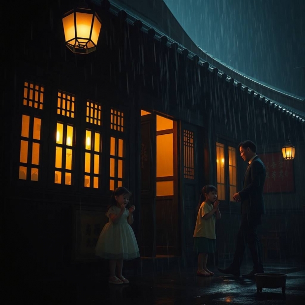 A traditional Chinese wooden house illuminated by contrasting chiaroscuro lighting. Three children j