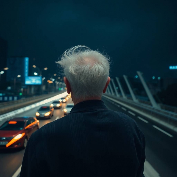 Dramatic cinematic long exposure photography of an elderly man with graying temples from behind on a