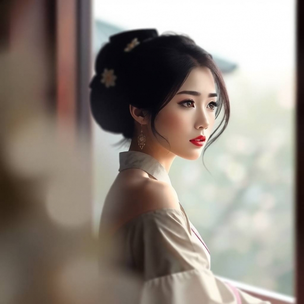 Blurred bokeh effect logo of an elegant ancient Chinese beauty leaning by a window, her eyes holding