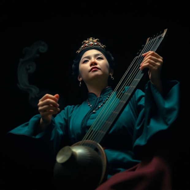 Low angle perspective, rich deep teal, luxurious and vibrant, looking up, dramatic. A Tang Dynasty w