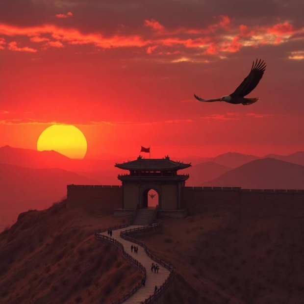 Cinematic slow motion, tight close-up shot, warm golden glow, ancient military fortress gate Guan Sa