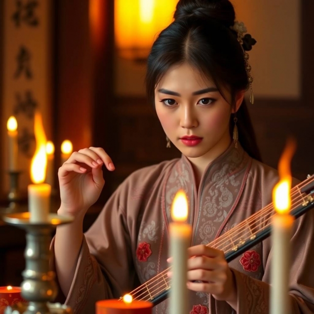 Warm candle lights of a Tang Dynasty young woman stopping her zhao and plucking her shu Qin, fingers