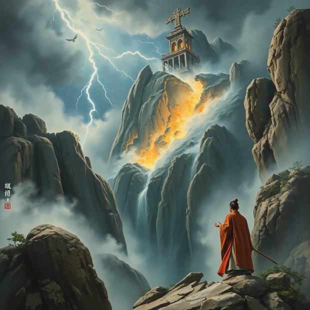 High angle perspective classic oil painting of a 35-year-old Tang Dynasty poet encountering a dramat