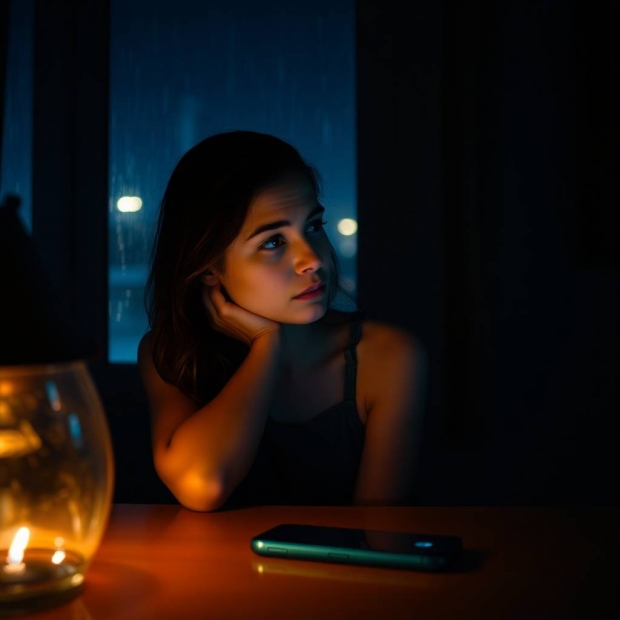 A young woman sits alone in a dimly lit room at midnight, watching the rain outside, her eyes filled