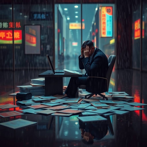 Wet rainy scene with iridescent colors over a man in a black suit and black shoes sitting alone at a