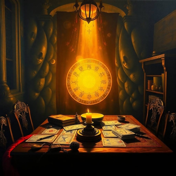 Intense dramatic lighting oil painting of an ancient mysterious room, tarot cards and divination too