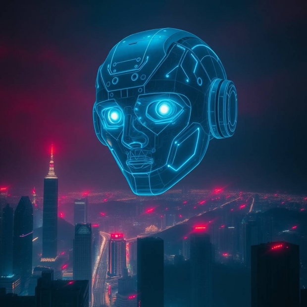 Intense dramatic weather in rich burgundy and deep blue, a colossal translucent AI robot face hovers