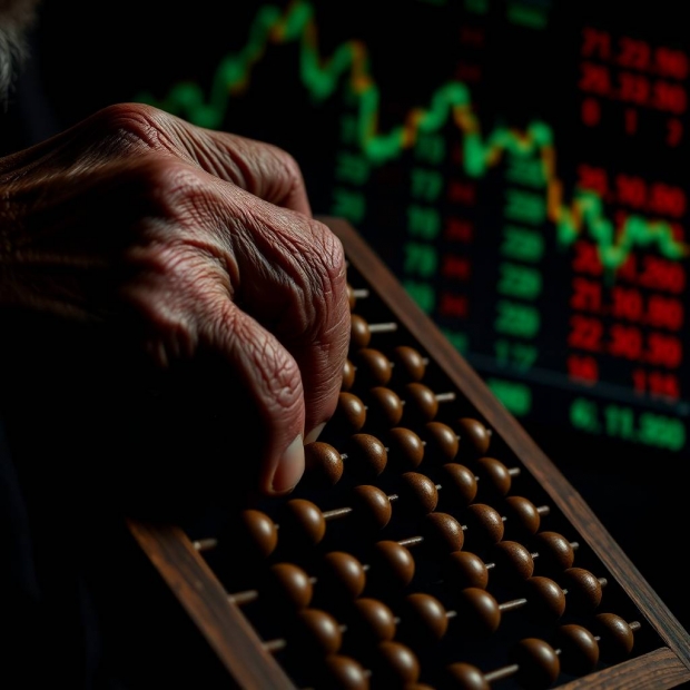 A tight close-up shot of an ancient, deeply wrinkled hand frantically manipulating a wooden abacus, 