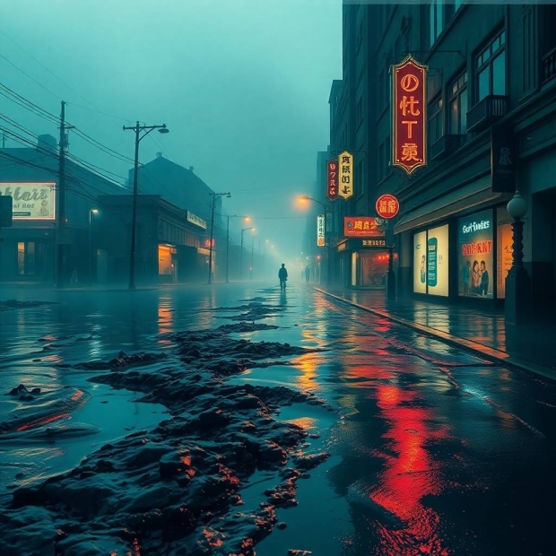 Rich deep teal symbolic traditional tattoo art print of a flooded city street at midnight after the 