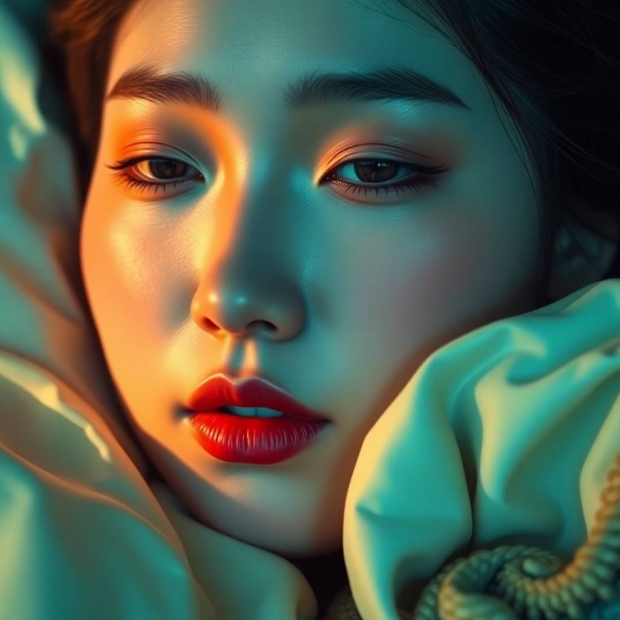 Gentle soft light in rich deep teal hues of a Tang Dynasty beauty waking from a nap, her eyes hazy w