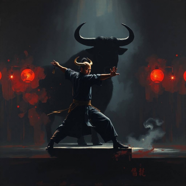 An intense oil painting in pure jet black with deep shadows and rich textures captures an ancient Ch