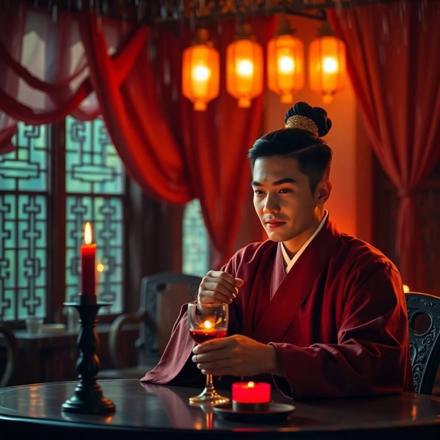 Cinematic shot of a handsome young Chinese scholar drinking wine in a lavish ancient pavilion, fine 