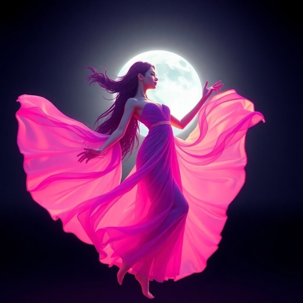 A 3D render of a beautiful woman dancing under the moonlight, vibrant complimentary colors, ethereas